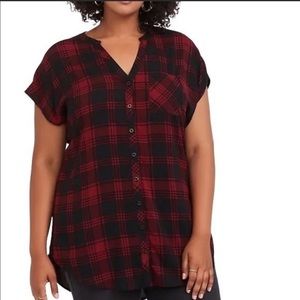 Torrid Red Plaid Cap Sleeve Button Up Tunic Top